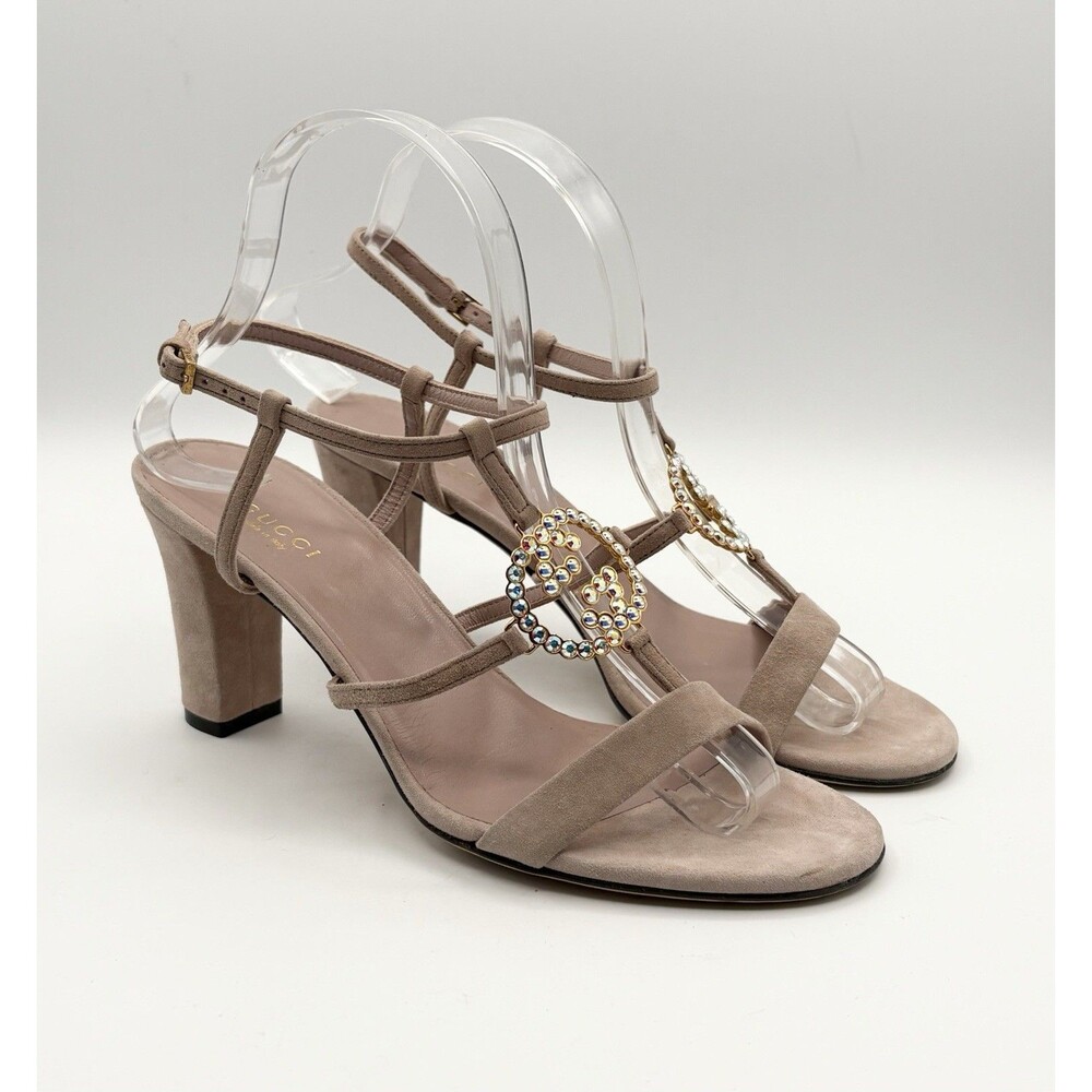 Gucci Nude Pink Suede Block Heels Sandals Rhinestone GG Logo T Strap EU 37.5 - Picture 2 of 11